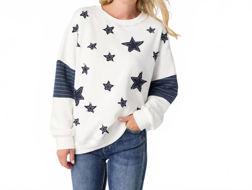 NEW COCO + CARMEN women's athena long sleeve star patch sweatshirt in white